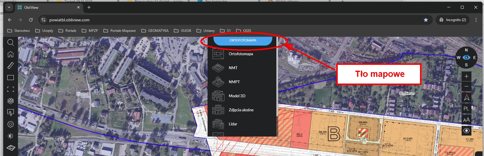 zrzut ekranu przedstawiający wyb&oacute;r tła mapowego w Obliview