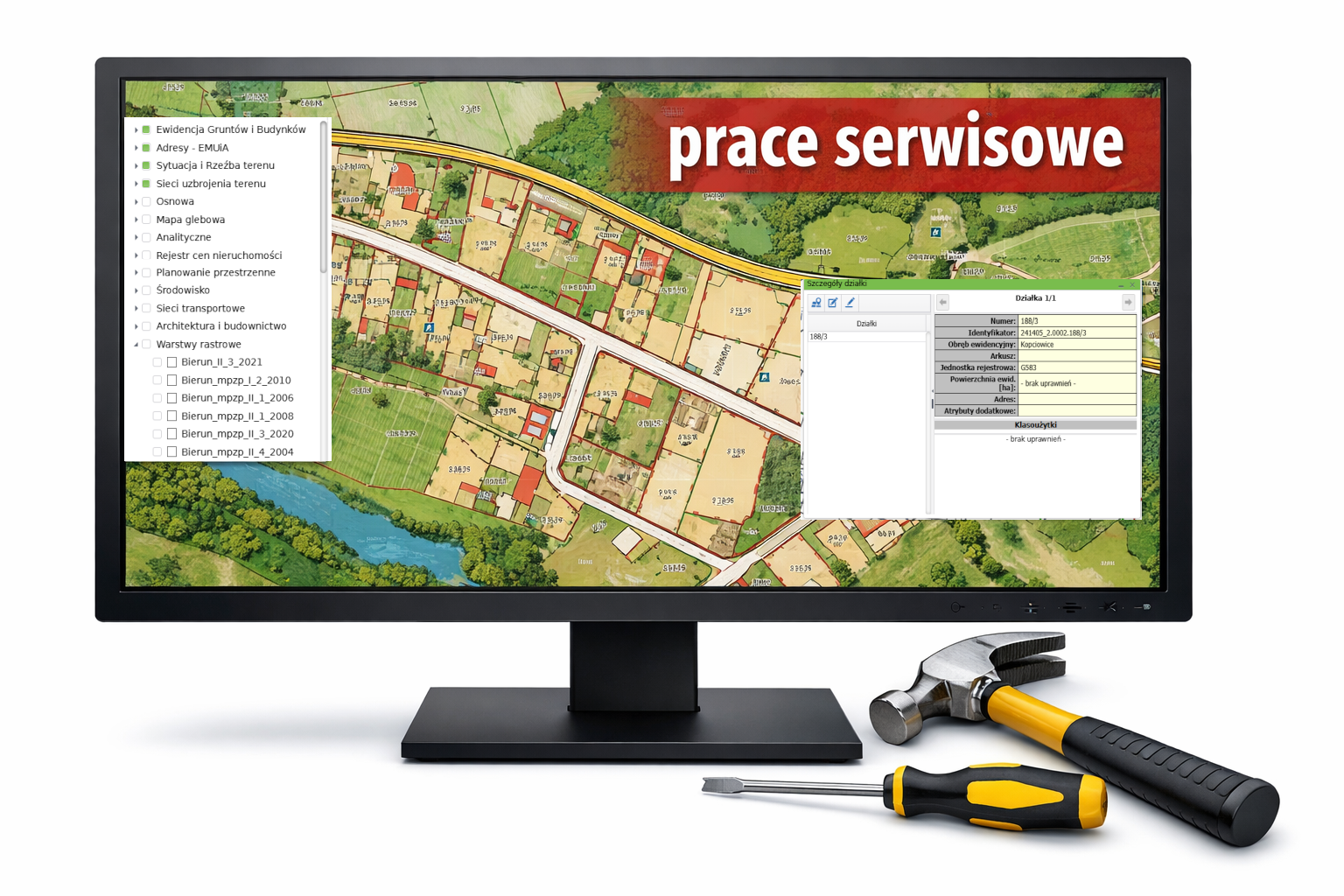 Grafika przedstawiająca zrzut ekranu z portalu mapowego na monitorze z komunikatem prace serwisowe