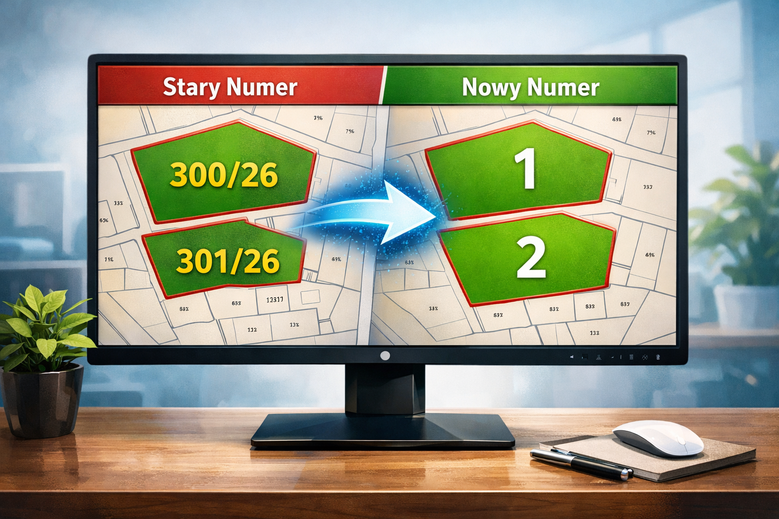 Grafika przedstawiająca symulację zmiany numer&oacute;w działek, na grafice monitor w pomieszczeniu biurowym, na ekranie mapa ewidencji grunt&oacute;w i budynk&oacute;w
