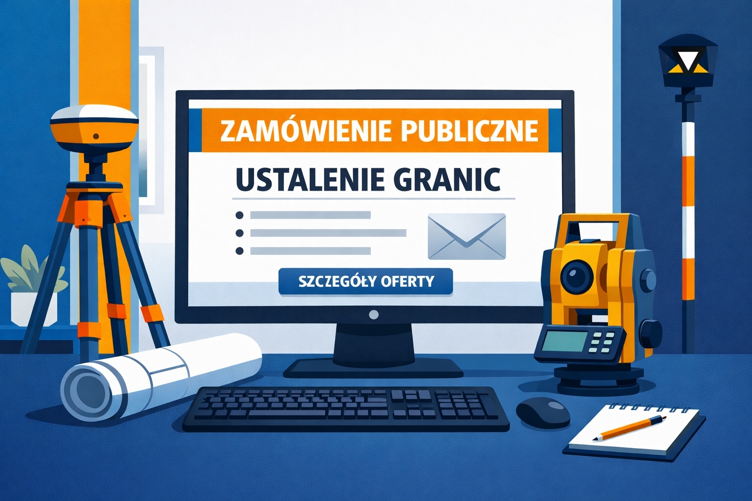Grafika przedstawiająca pomieszczenie biurowe z ekranem monitora na kt&oacute;rym wyświetlona jest oferta z ogłoszeniem o zam&oacute;wieniu publicznym, opr&oacute;cz monitora znajdują się instrumenty geodezyjne do pomiar&oacute;w