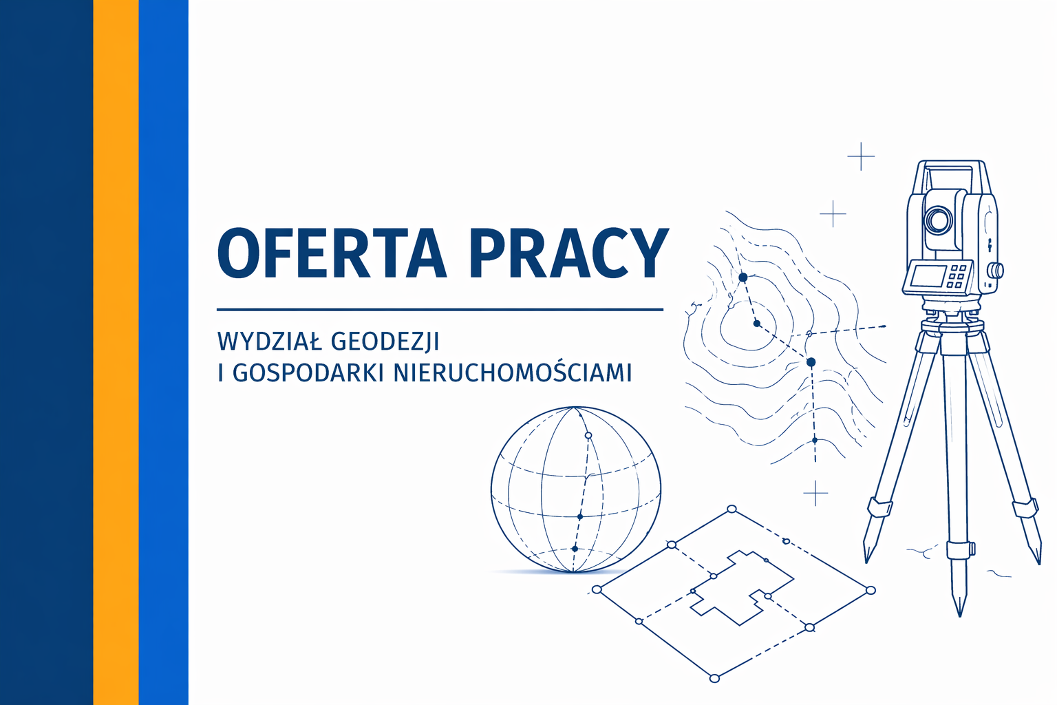 Grafika z napisem Oferta Pracy, na grafice przedstawiony instrument geodezyjny i mapy
